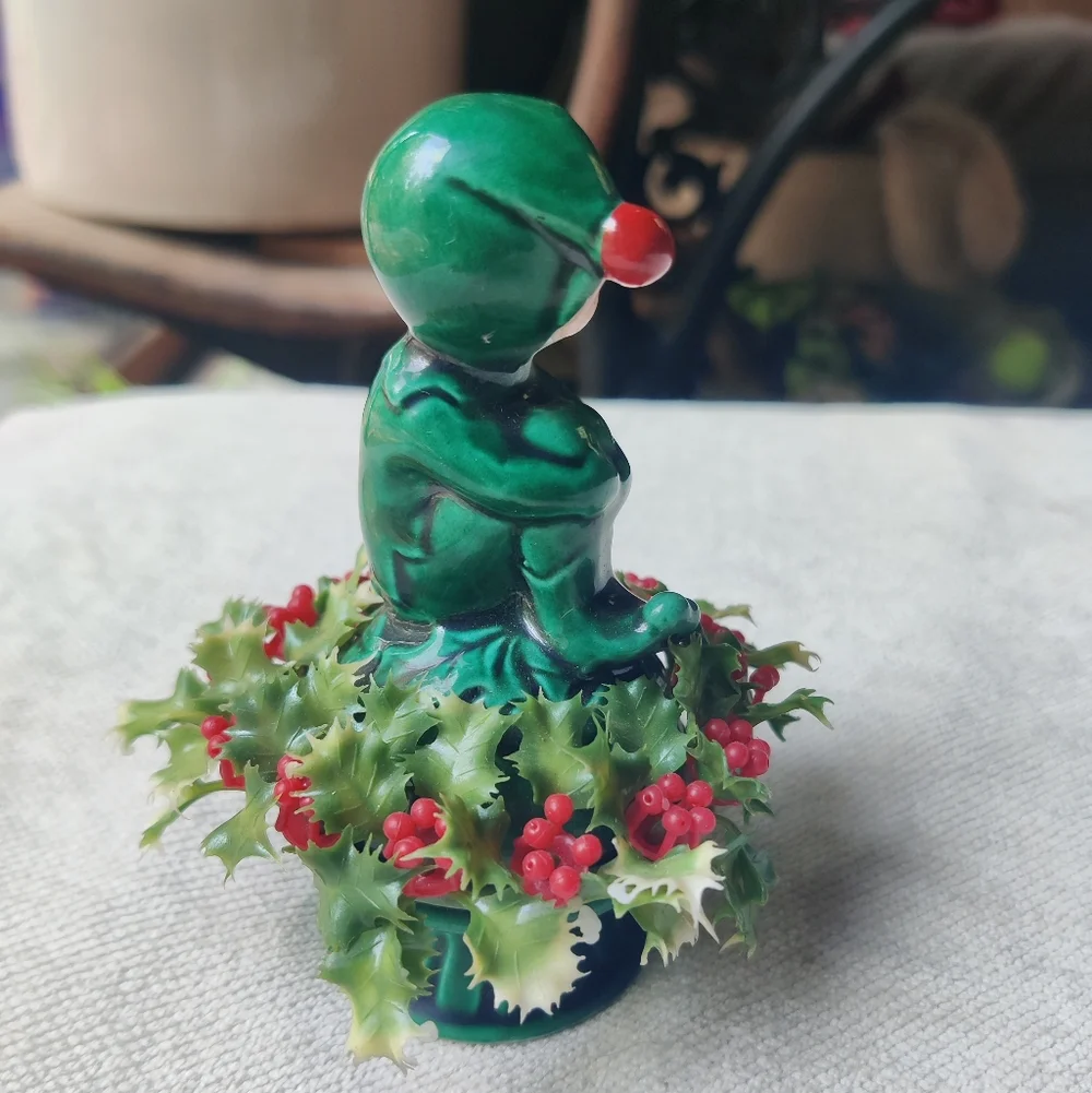 Vintage Inarco Christmas Pixie Elf on Holly Berry Figurine 4.5